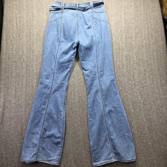 Express Jeans Womens 8 Long Light Blue Bell Flare Super High Rise Belted Denim - Picture 2 of 10